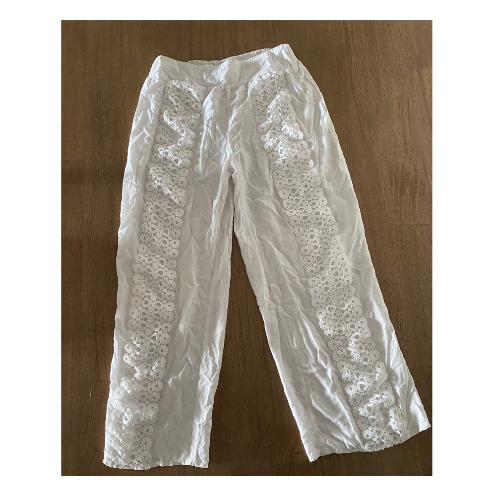 Solitaire Swim Cover Up Pants White Eyelet Crochet Wide Leg Women’s M Beach